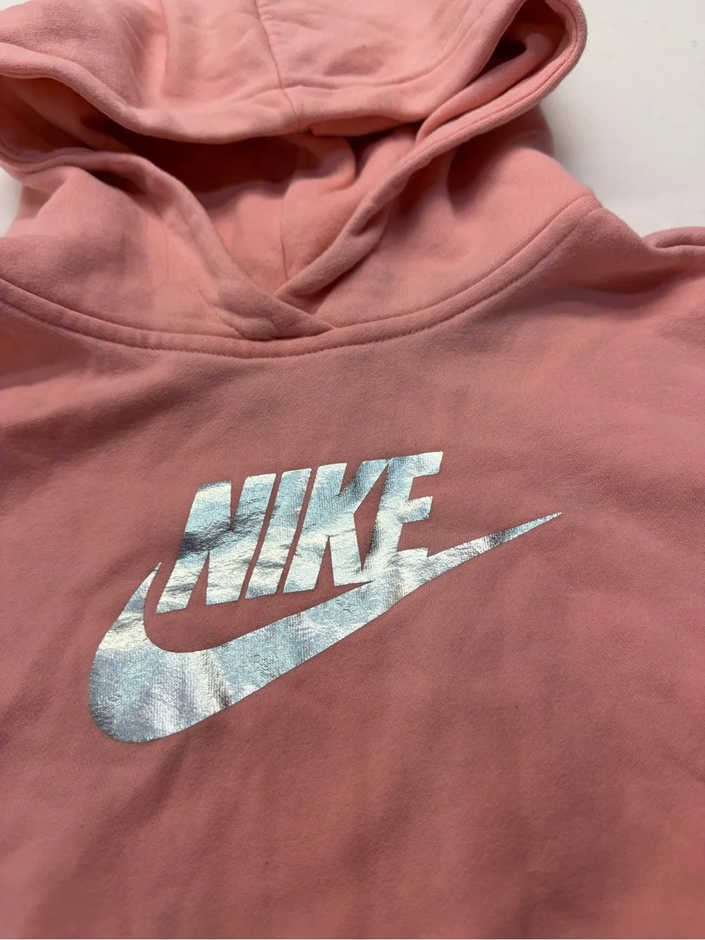 Nike Pink Cropped Hooded Pullover Sweatshirt Hoodie Foil Logo